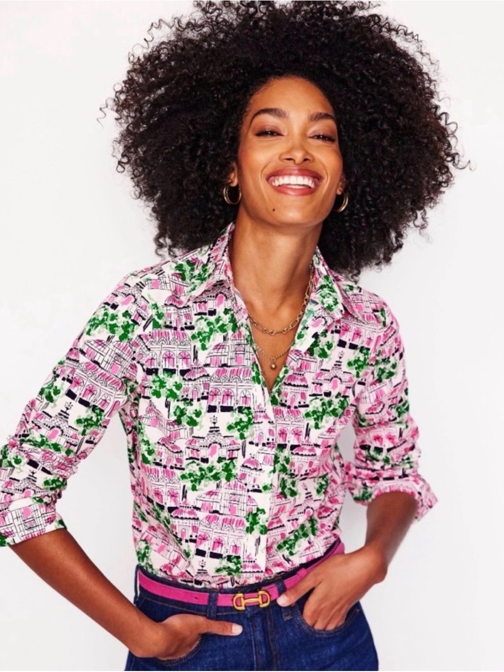Boden Sienna Cotton Shirt Button Down Scenic Print Pink Green Size 6